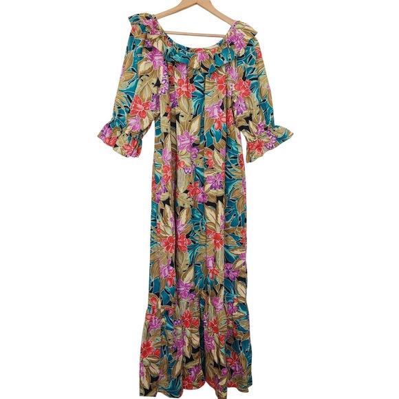 Hilo Hattie Floral Maxi Dress Women Size L Multicolor Tropical Hibiscus Ruffle - Picture 4 of 10